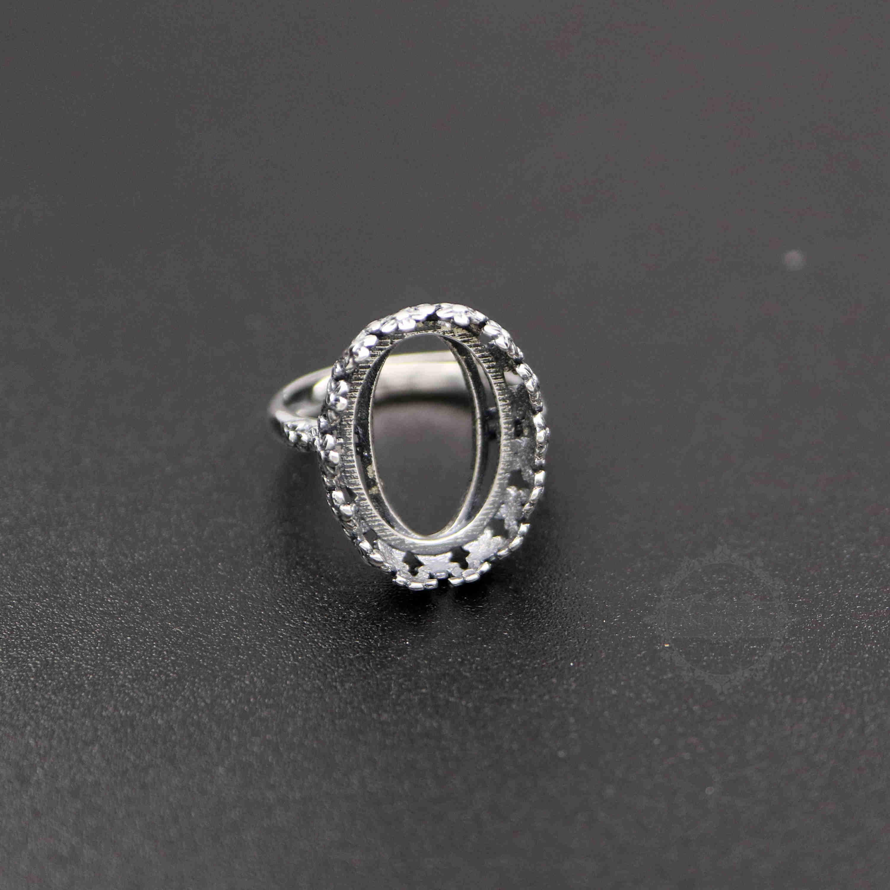 1Pcs 13X18MM Antiqued Oval Flower Bezel Solid 925 Sterling Silver Adjustable Ring Settings 1223085 - Click Image to Close